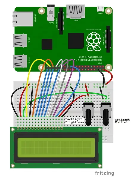Diagrama de conexión del modo LCD de 8 bits de Raspberry Pi