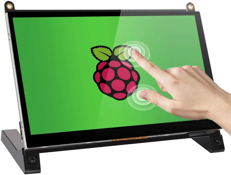 يد تلمس شاشة تعرض شعار Raspberry Pi