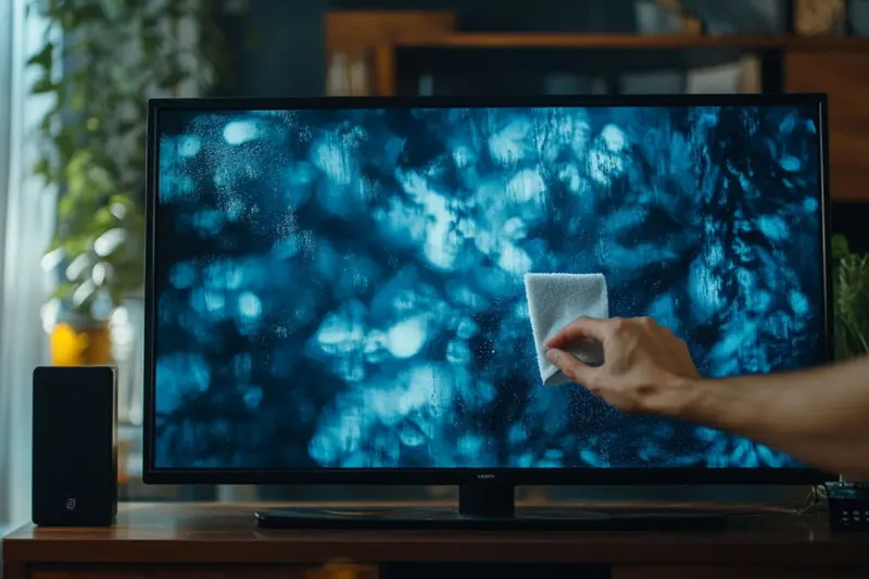 una persona limpiando una pantalla de TV con un paño de microfibra