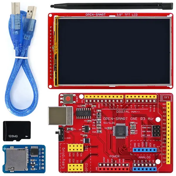 Un kit de pantalla LCD TFT de 3,5 pulgadas con varios componentes, incluida una placa de desarrollo y cables USB