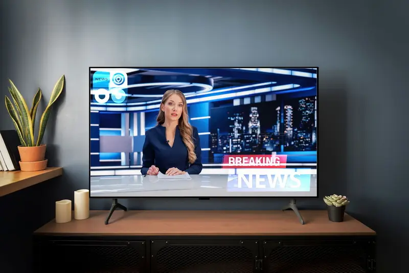 Maqueta de un canal de noticias de TV en la TV con un problema de quemaduras en la pantalla