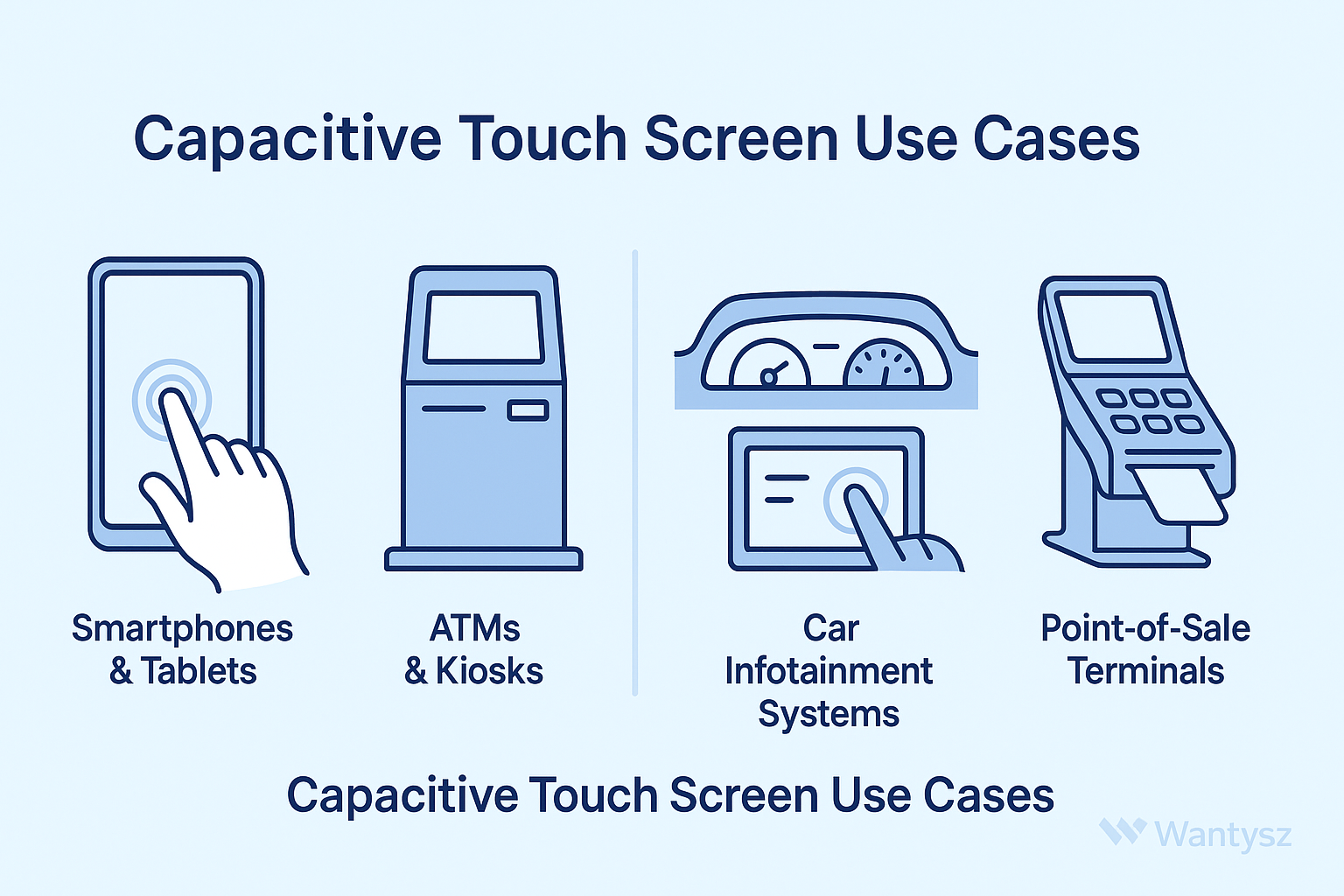 Images showing different applications of capacitive touch screens in real-world settings
