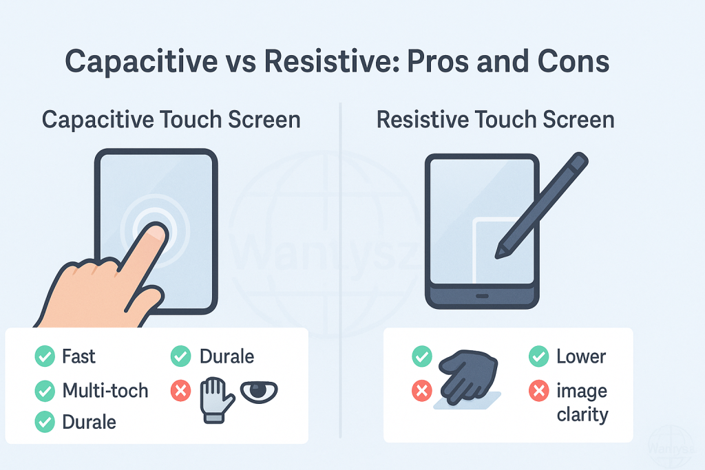 Table summarizing pros and cons of capacitive vs resistive touch screens