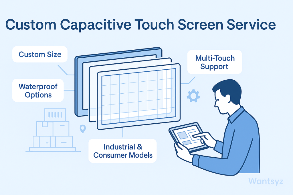 Illustration of a technician customizing a capacitive touch screen with labels showing custom size, multi-touch, waterproof, and industrial options; Wantysz logo in corner.
